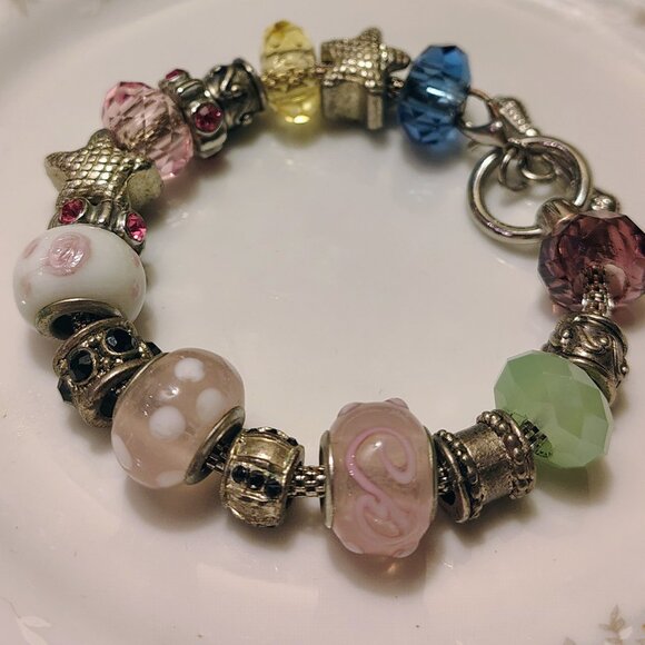 Vtg Pink Murano Style Glass Silver Tone Starfish Lampwork Charm Bracelet - Picture 2 of 5